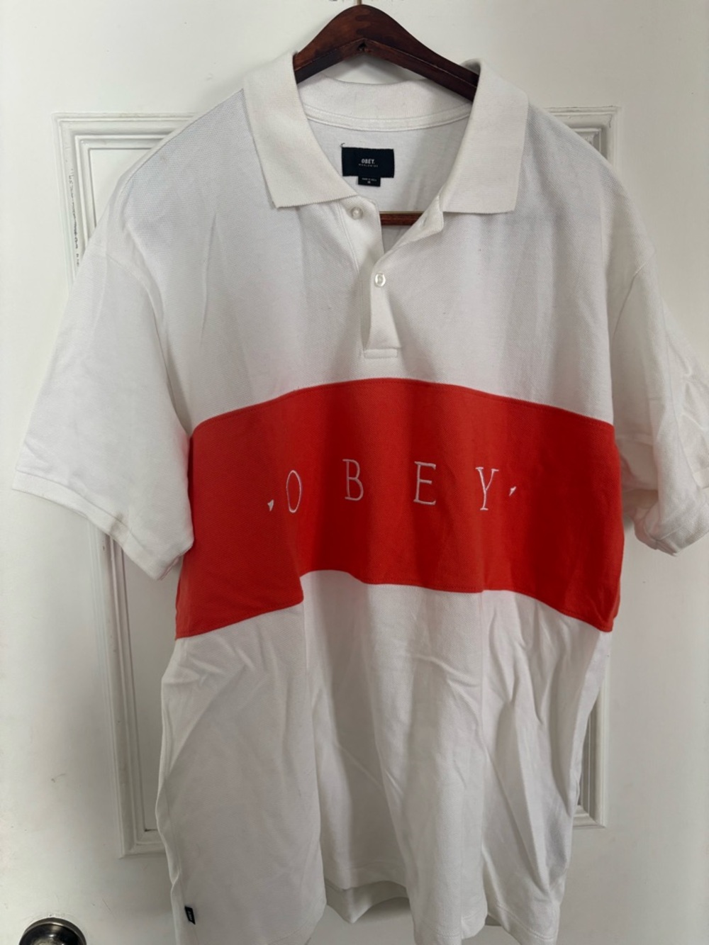 Obey White Polo with Red Lower Panel